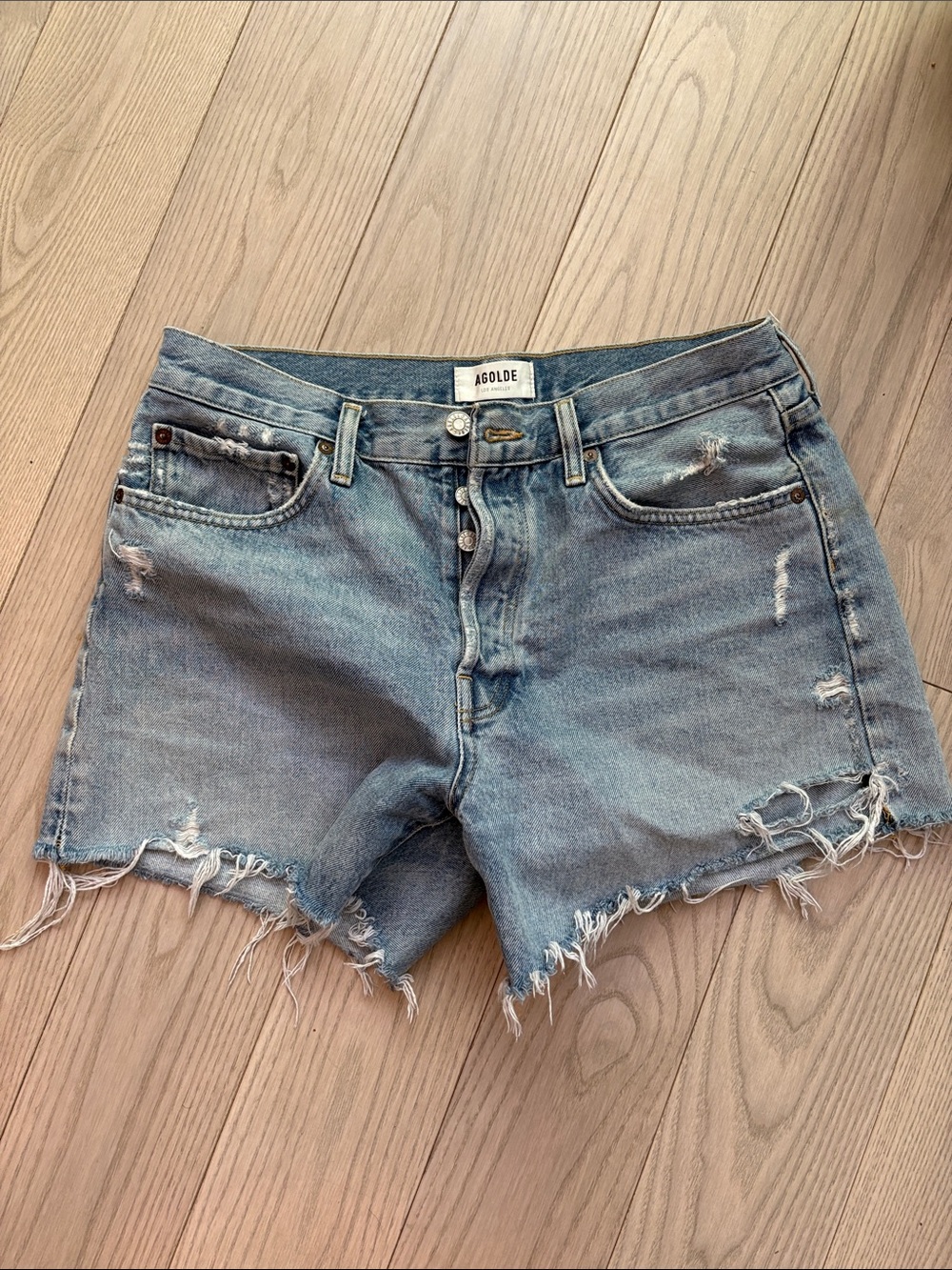 Agolde Light Blue Distressed High-Rise Denim Shorts